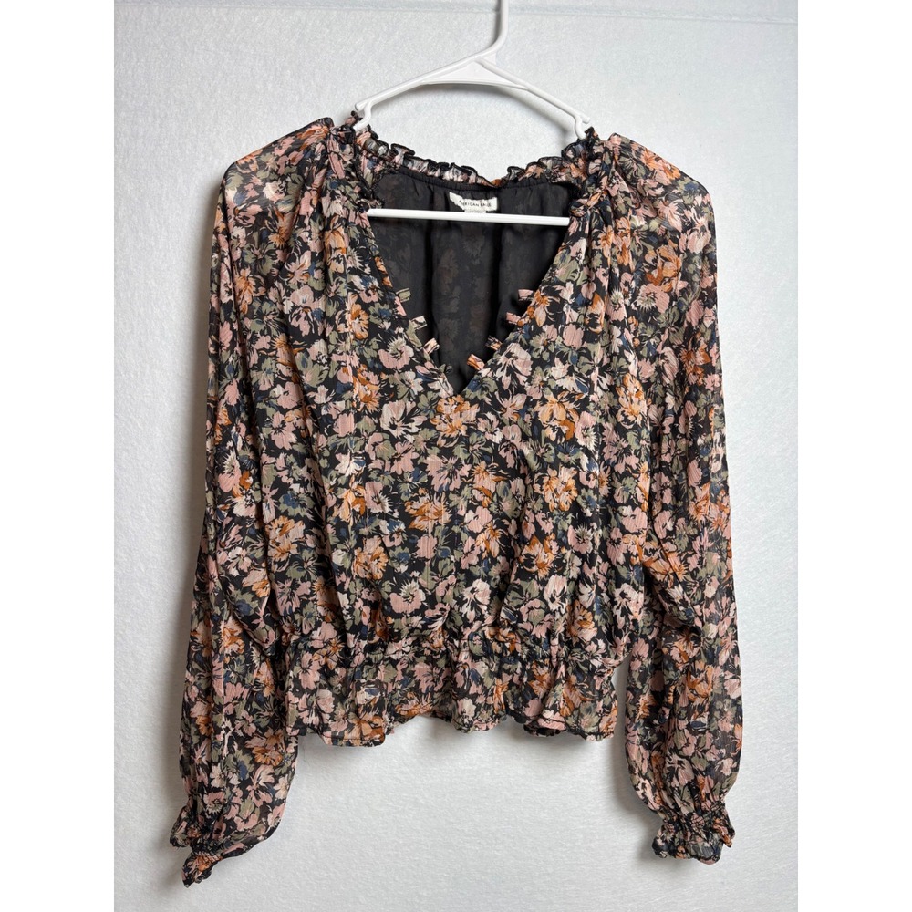 American Eagle Floral Blouse Womens S Black Long Sleeve Lace Up Boho Peplum